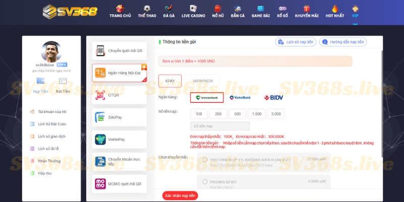 Nạp vốn vào tài khoản SV368